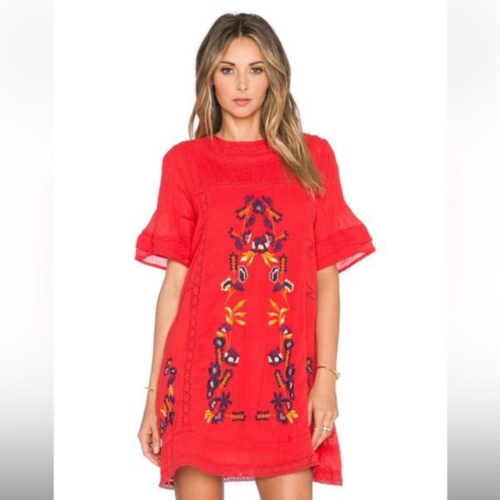 Free People size xs Red Embroidered Short Sleeve Tunic